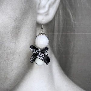 Black n While Hand Crafted Gum Ball Drop Dangle Earrings with Bell